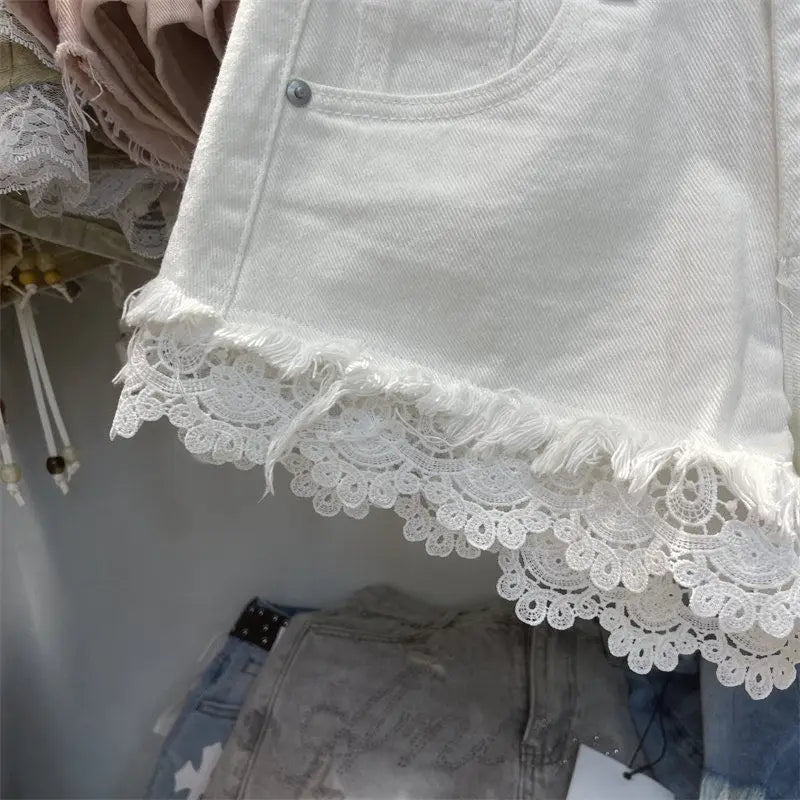 Light Blue Denim Shorts For Women High Waisted Raw Hem Lace Patchwork Petite Shorts Summer Casual Slim Fit Hot Pants