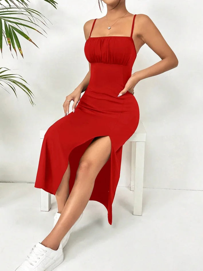 Women's Summer Slip Dress Bandeau Tight Height Slit Solid Color Leopard Print Hip Skirt