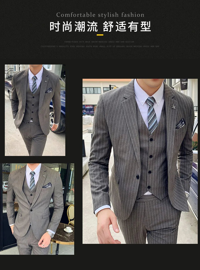 S-7XL ( Blazer + Vest + Pants ) Striped Plaid Solid Color Mens Formal Business Suit 3Pcs Set Groom Wedding Social Show Dress