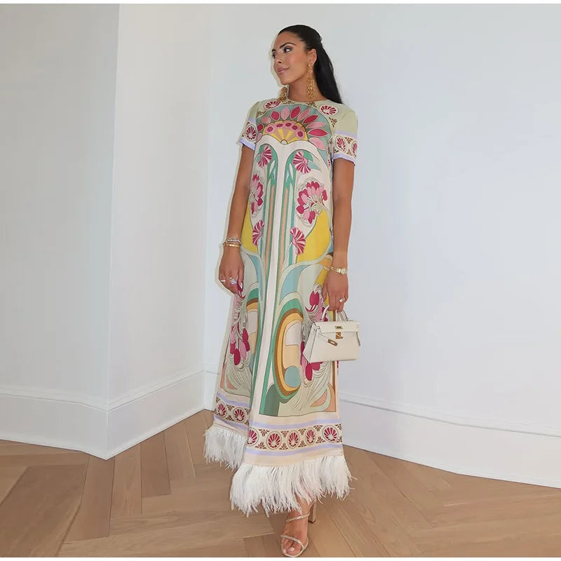 Women Printed V Neck Long Dress Flared Sleeve Lotus Leaf Edge High Waist Slim Fit Maxi Dresses Lady Elegant Evening Party Dress
