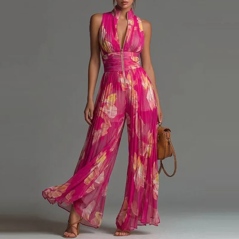 Sexy Deep V Neck Hollow Zip Jumpsuit Women's Spring Solid High Waist Wide Leg Romper Summer Sleeveless Pleated Vacation Overalls