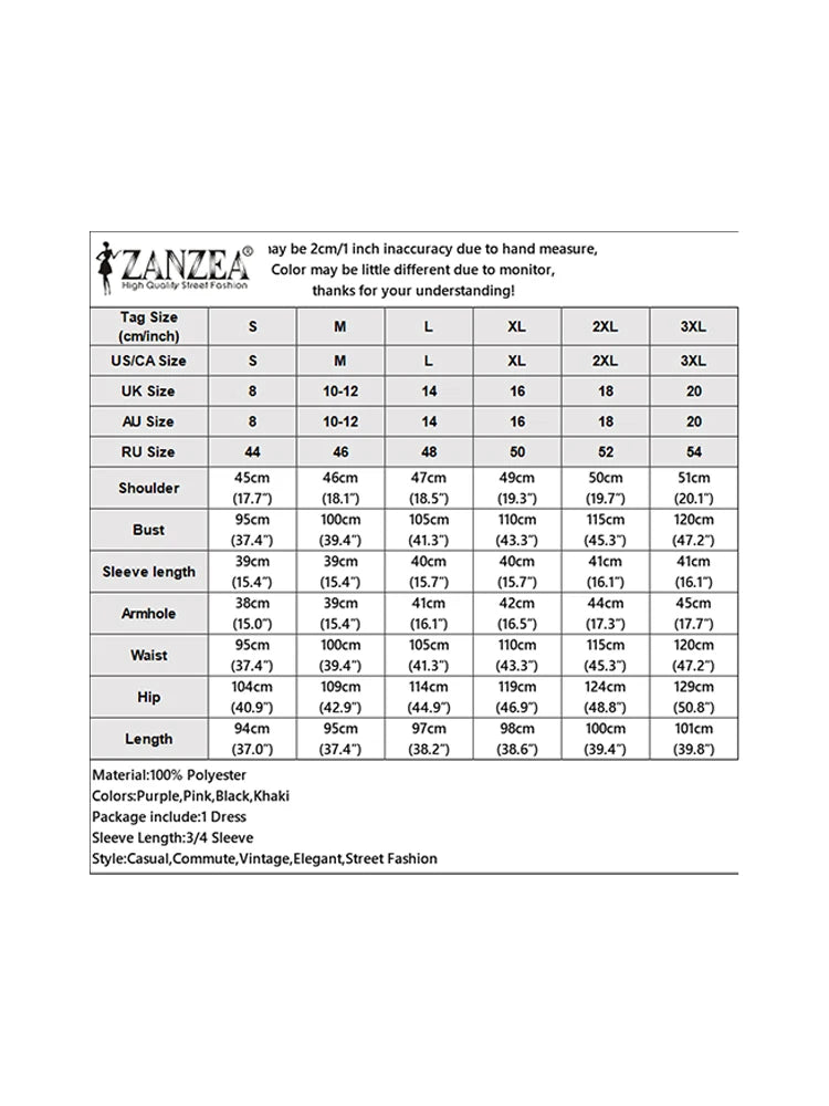 2025 ZANZEA Fashion Women V Neck 3/4 Sleeve Dress Autumn Sundress Elegant Solid OL Work Dresses Casual A Line Loose Vestido Robe