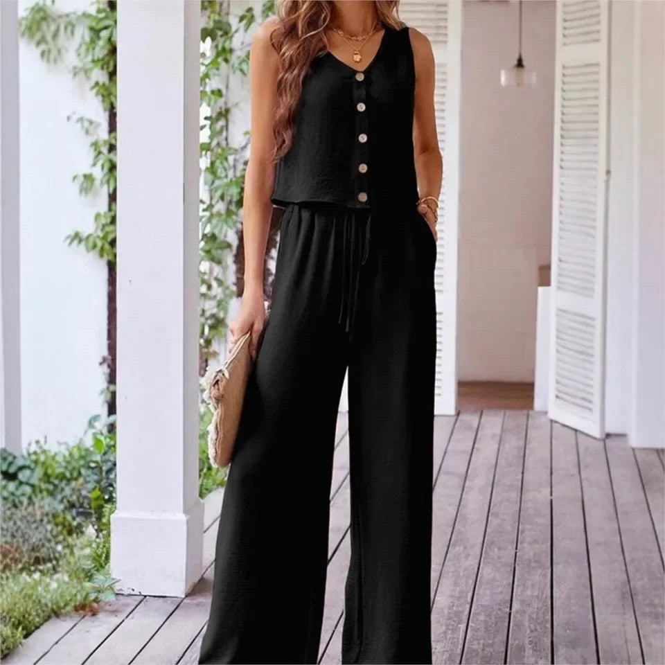 Fashion Single Breasted Vest Women's Trousers 2-piece Set Summer Elegant Casual Loose Wide-leg Pants Pocket Female Office Suit