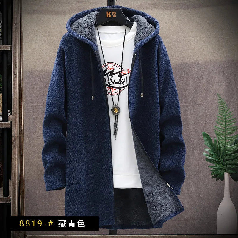 Men's Knitted Sweater Cardigan Thickened Fleece Hooded Casual Style Warm Outerwear Autumn Winter New Arrival Korean Version