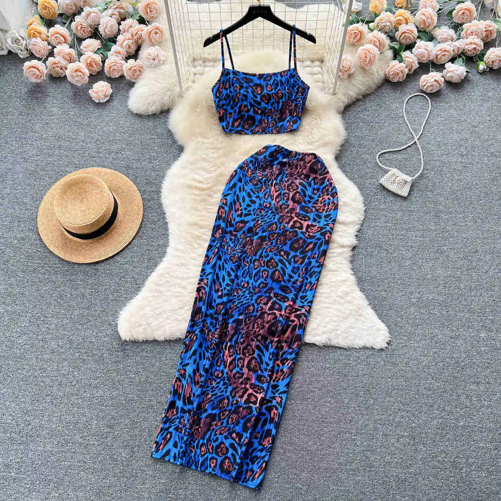 Retro Style Printed 2 Pieces Set for Women Fashion Summer Sleeveless Cropped Camis Top + Elastic Waist Bodycon Long Skirt Suits
