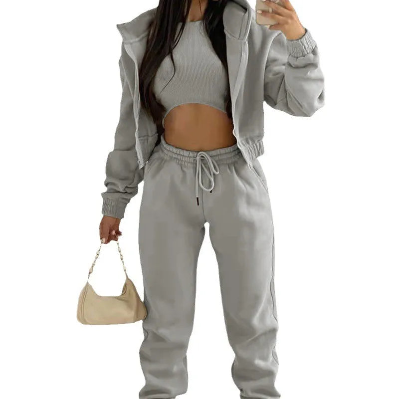 Women's Matching Hoodie 2-Piece Set Spring Long Sleeve Solid Color Drawstring Hip Hop Sport Tracksuit with Long Pants Gathering