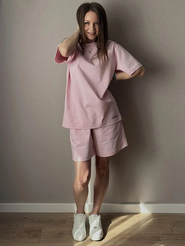 Summer 2 Piece Shorts Set Woman Cotton Brown Oversized T Shirts And Shorts Two Pieces Outfits For Women White Short Sets Pink