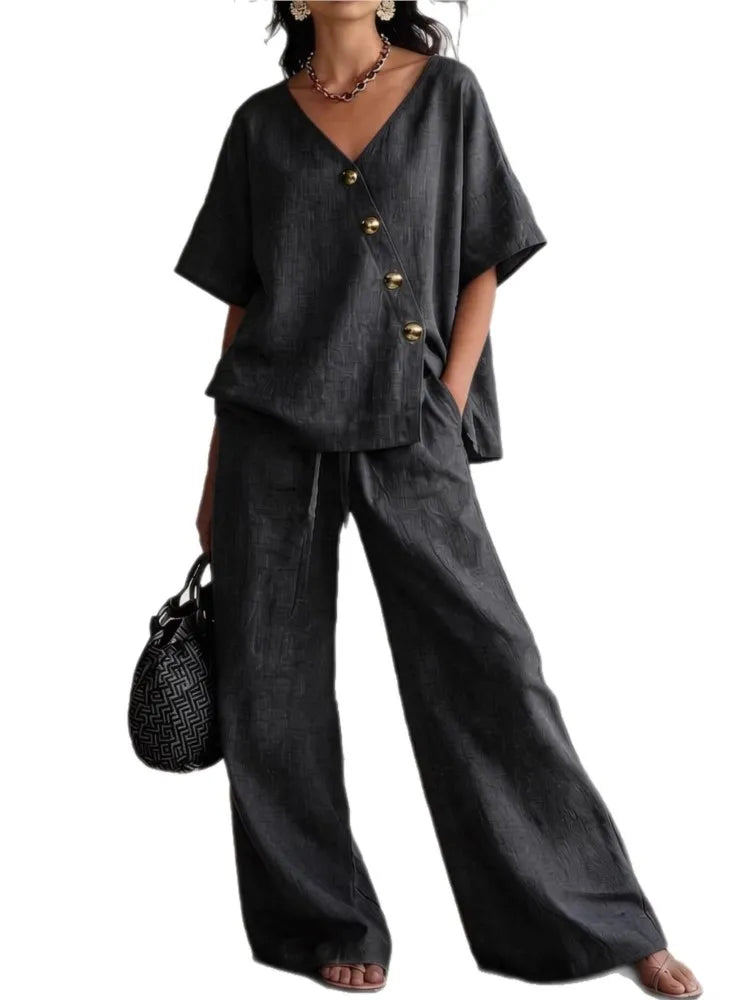 Casual Cotton Loose Pants Sets Women Summer 2026 Fashion Short Sleeve V-neck Tops And Wide Leg Pant 2 Piece Set Woman Outfits