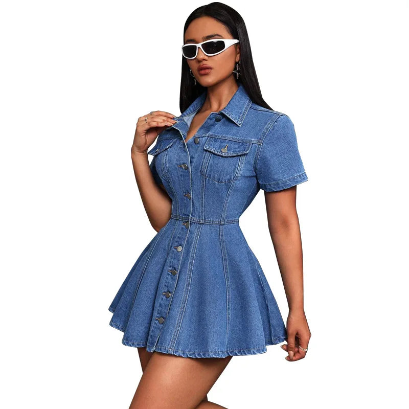 GLCMYAYA Fashion Vintage Women Street Denim Mini Dress 2025 Fall Short Sleeve Single-breasted Sexy Party A-Line Dresses Vestidos