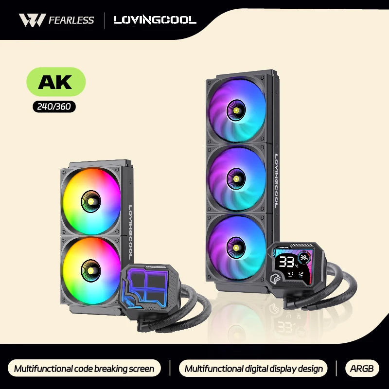 LOVINGCOOL AK liquid cooler 240mm 360mm broken code screen dynamic digital display ARGB PWM Abyss Mirror integrated water cooled