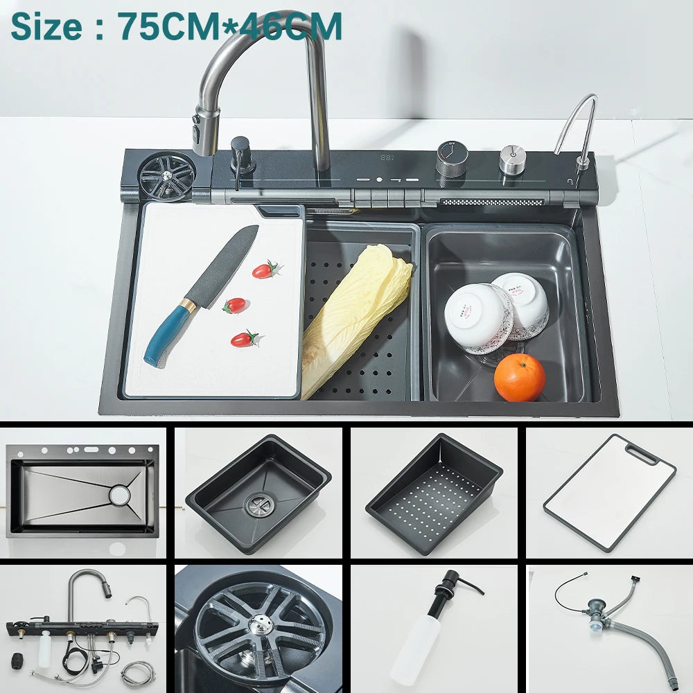 304 Stainless Steel Kitchen Waterfall Sink Digital Display Large Single Sink Dish Basin Sink With Multifunction Touch Waterfall