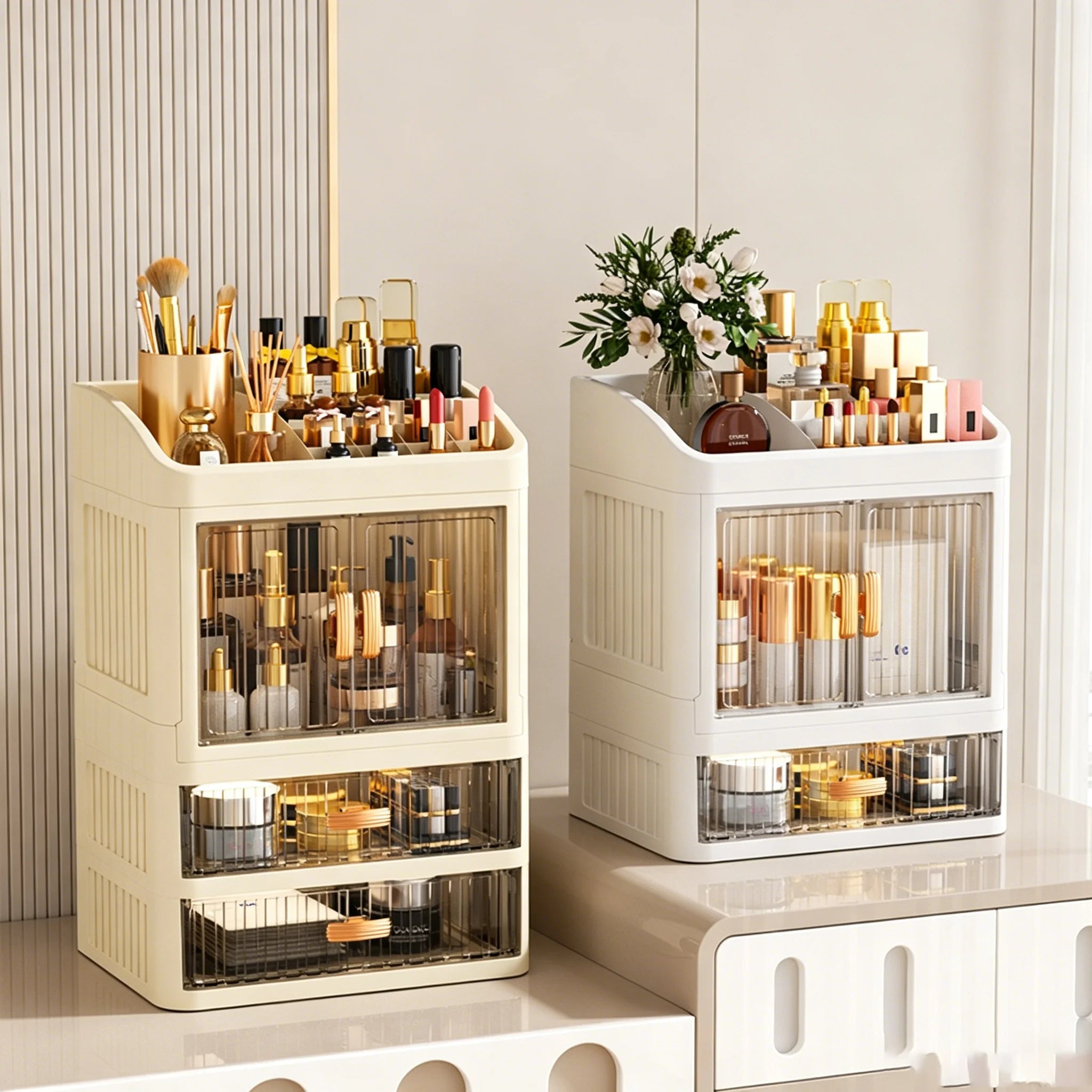 Makeup Drawer Organizer with Divided Compartments, Suitable for Dressing Table/Bathroom, for Organizing and Storing Household Items on the Desktop, Dust-Proof and Easy to Clean, Simple White Design, Stackable Makeup Drawer Bo