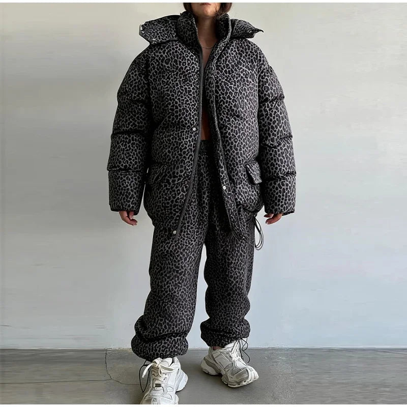Women Winter Two‑Piece  Leopard Print Hooded Puffer Jacket Outfit Loose Cuffed Jogger Pants Warm Casual Streetwear Matching Set