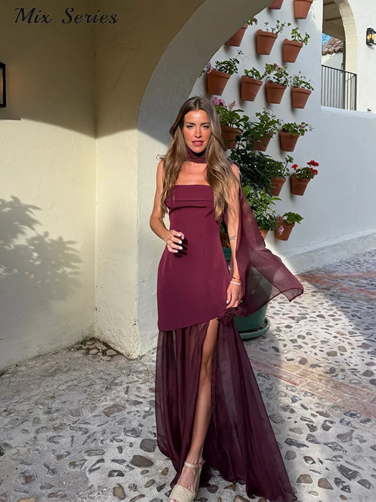 Fashion Ribbon Halter Party Dress Women's Patchwork Sleeveless Square Collar Solid Slim Dresses 2026 Spring New Lady Robes