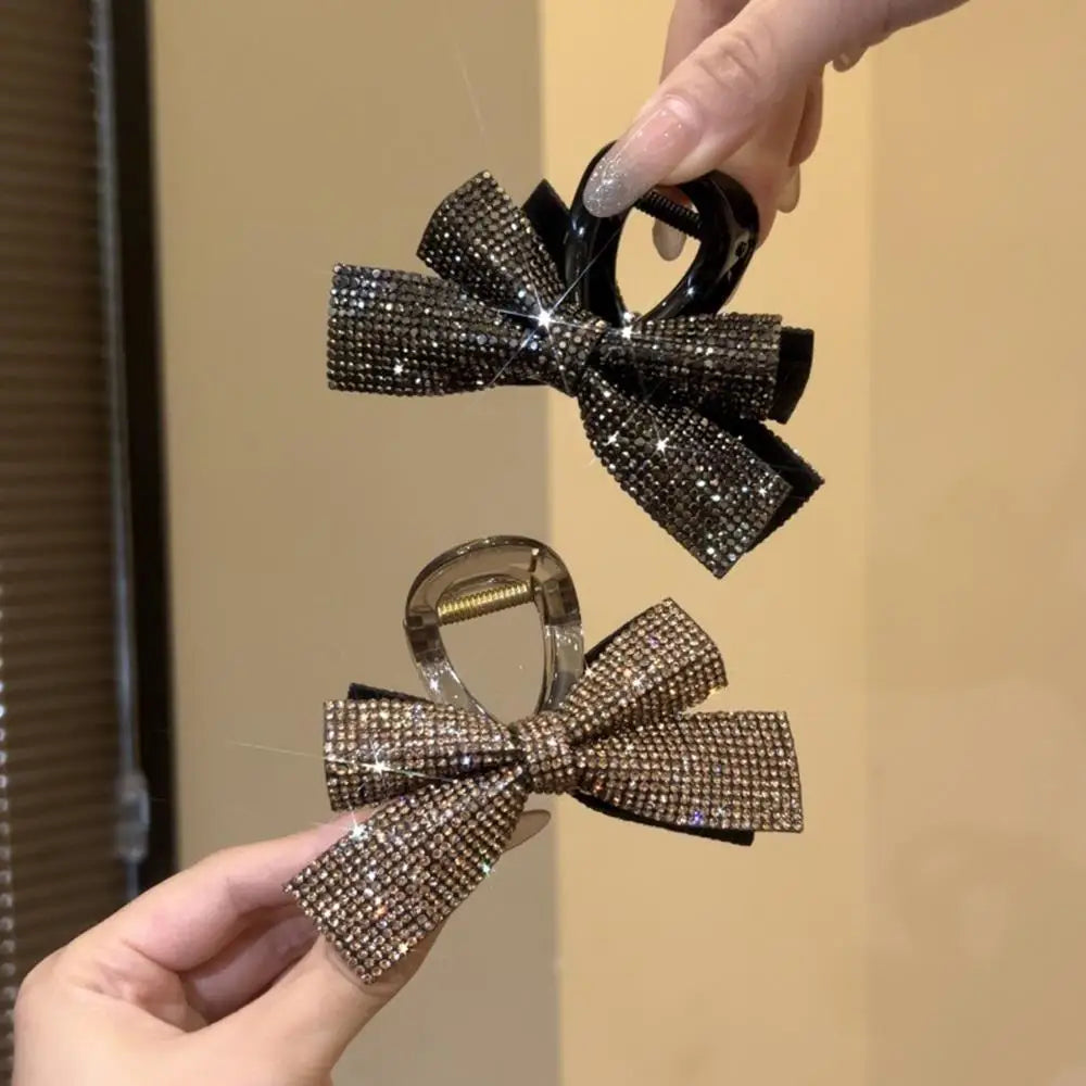 New Bow Hair Clip Simple Elegant Romantic Full Diamond Bow 8CM High Ponytail Shark Clip Hair Accessories Diamond Bow Headwear