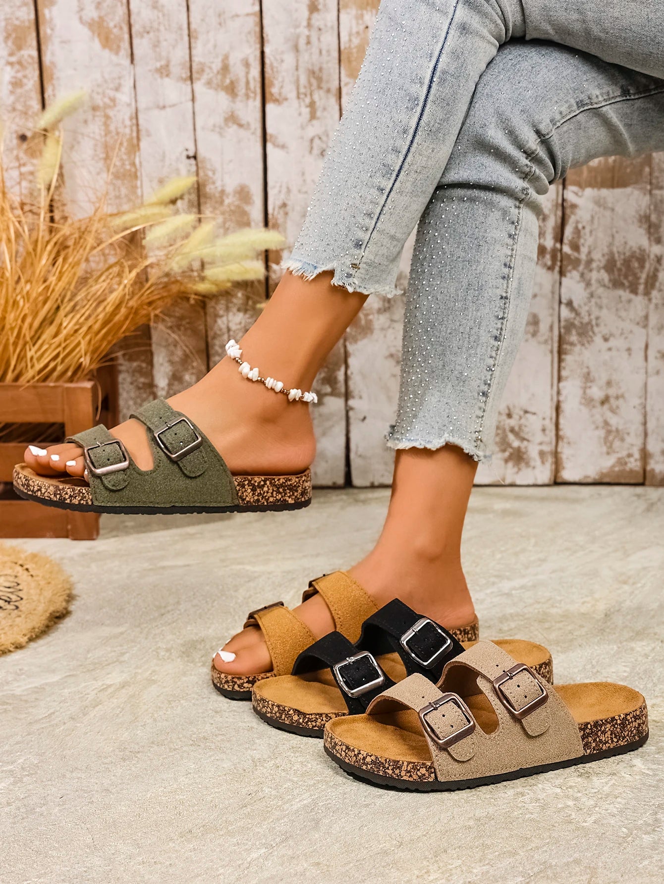 Women's Summer and Spring/Autumn Simple Suede Pu Upper Double-Strap Solid Color Flat Slip-On Open-Toe Slide Sandals with Adjustable Buckle Beach Sandals