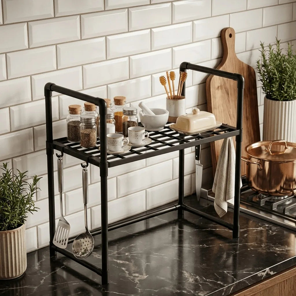 Microwave Oven Rack 2‑Tier Kitchen Countertop Organizer, Heavy Duty Metal Shelf with Hooks for Spices Utensils Small Appliances