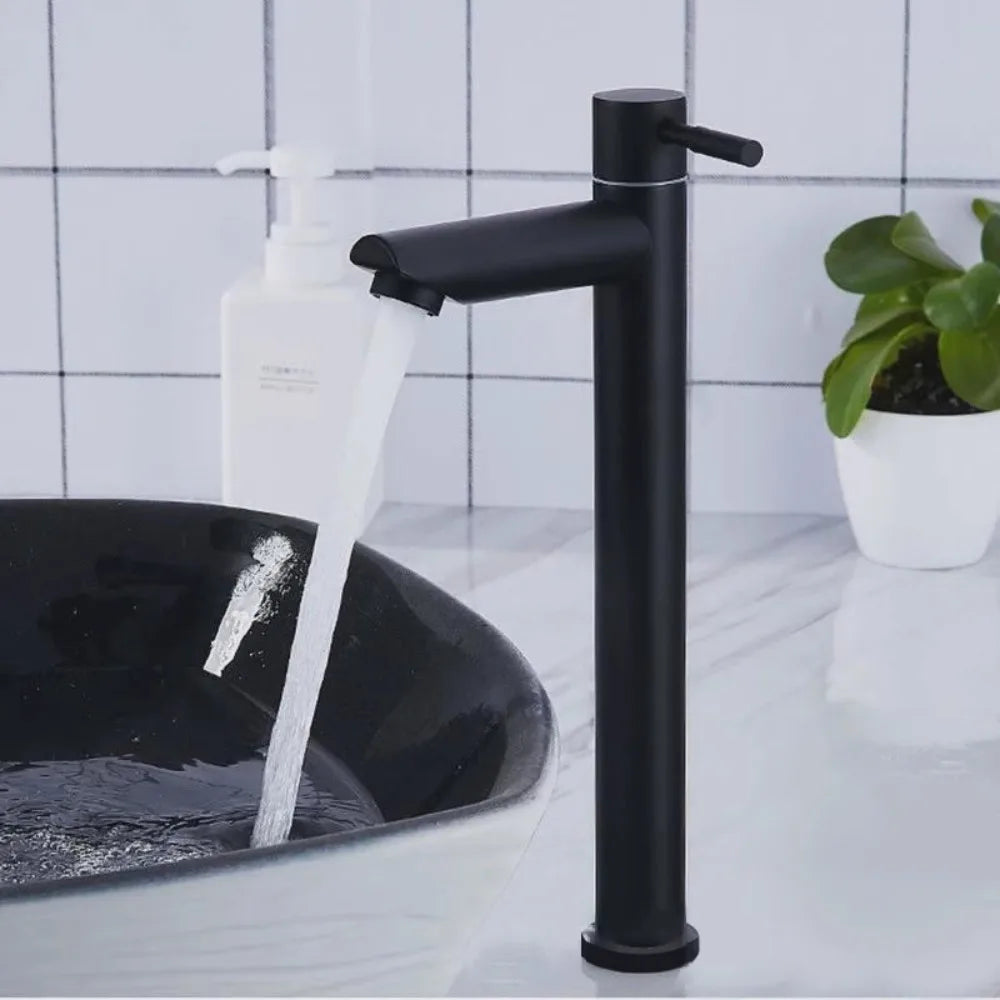 Stainless Steel Heighten Washbasin Faucet Silver/Black Quick Open Single Cold Faucet Rust-proof Sink Water Tap Bathroom Counter