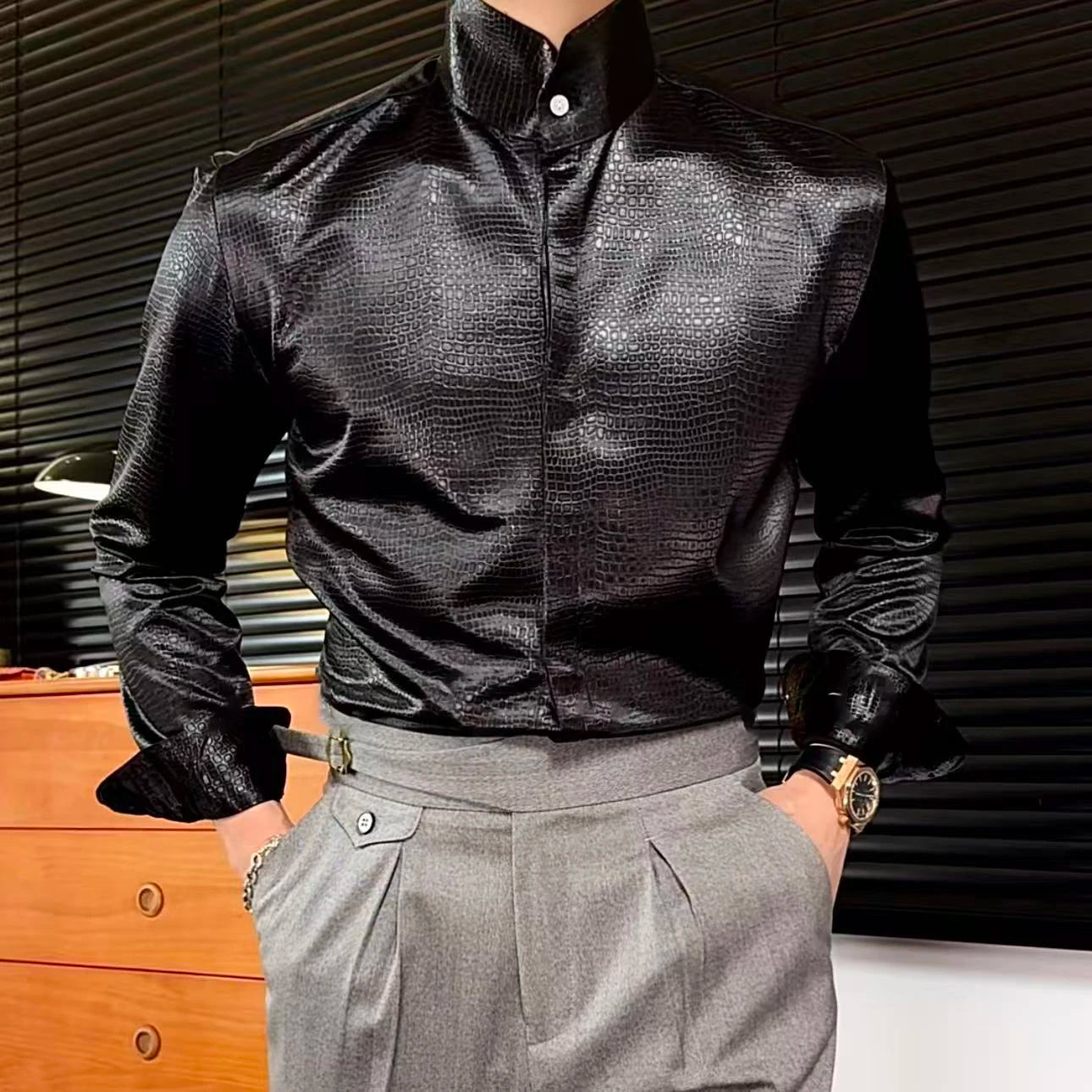 Stand Collar Men Shirt Office Long Sleeve Shirt Streetwear Leopard Print Shirt Social Business Shirt Men Camisa Social Masculina