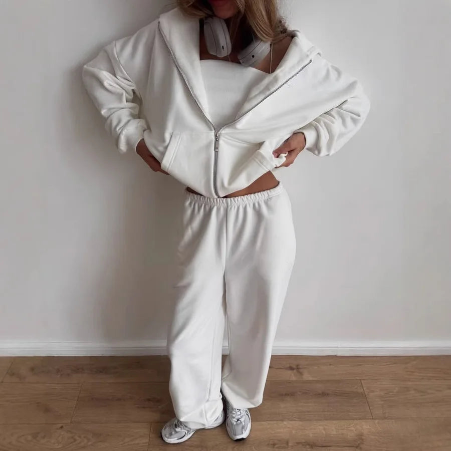 Women's Casual Suit Solid Color Long Sleeve Hooded Cardigan Pocket Sweater Elastic Pants Two-piece Set