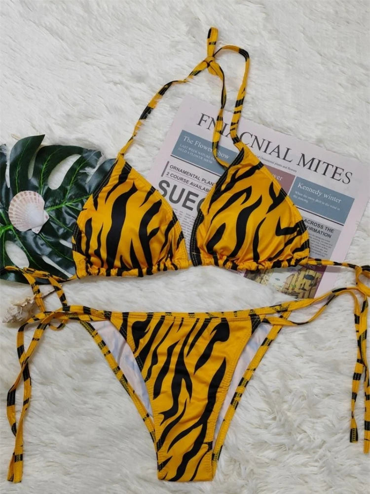 American Retro Black Yellow Zebra Print Print Bikini Set Women Sexy Hot Girl Beach Style Swimsuit Y2k Fashion Vacation Swimwear