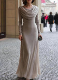 Elegant Ruched Maxi Dress Women Swing Collar Full Sleeve Skinny Stretch Robe Autumn Trend Classic Pleats Long Bodycon Vestidos