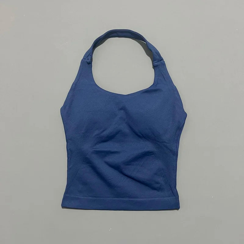 HISTELLO Sports Halter Top Seamless Longline Strappy Gym Tank Top Women Yoga Clothing Workout Fitness Sportswear Pilates Vest