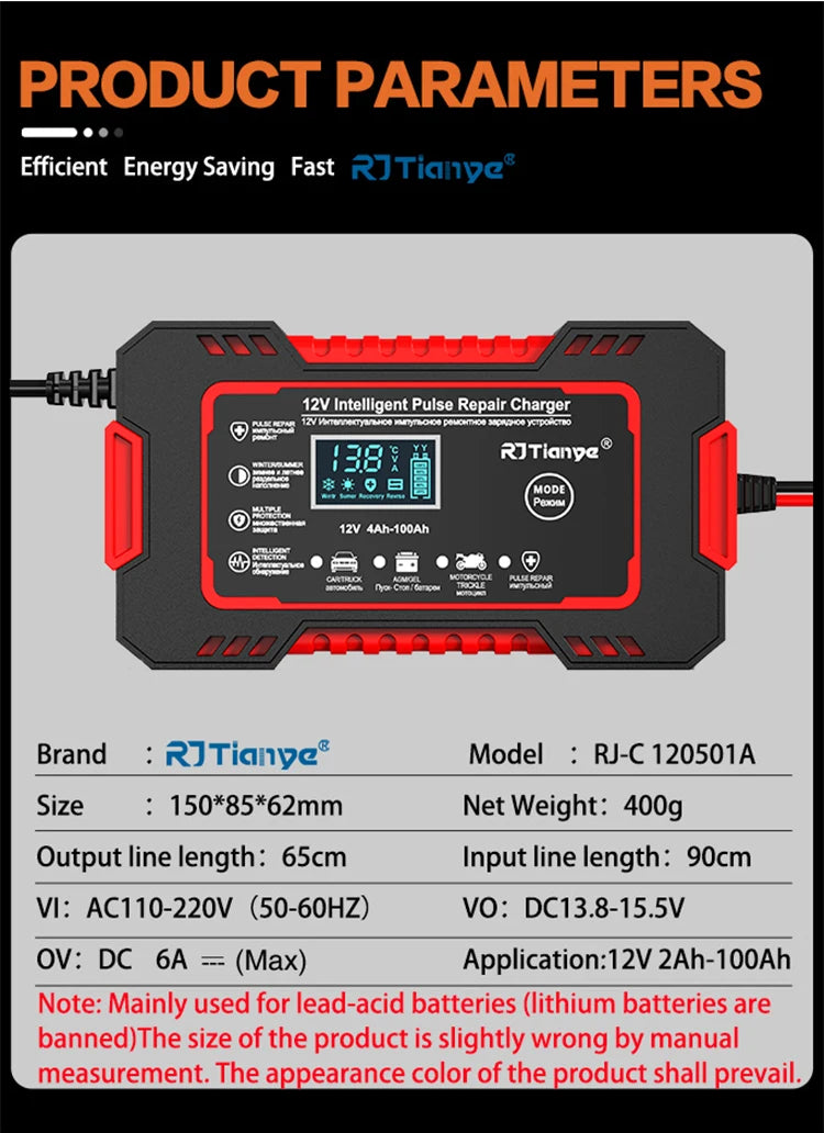 Car Battery Charger 12V 6A Touch Screen Pulse Repair LCD Fast Power Charging Wet Dry Lead Acid Digital LCD Display