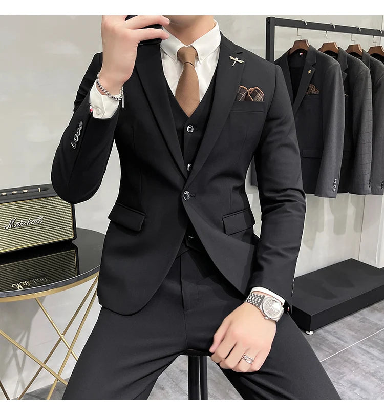 Blazer Vest Pants Men's Navy Blue Suit Set Slim Fit Blazer Vest Pants Formal Outfit for Business Wedding Office Groom Party