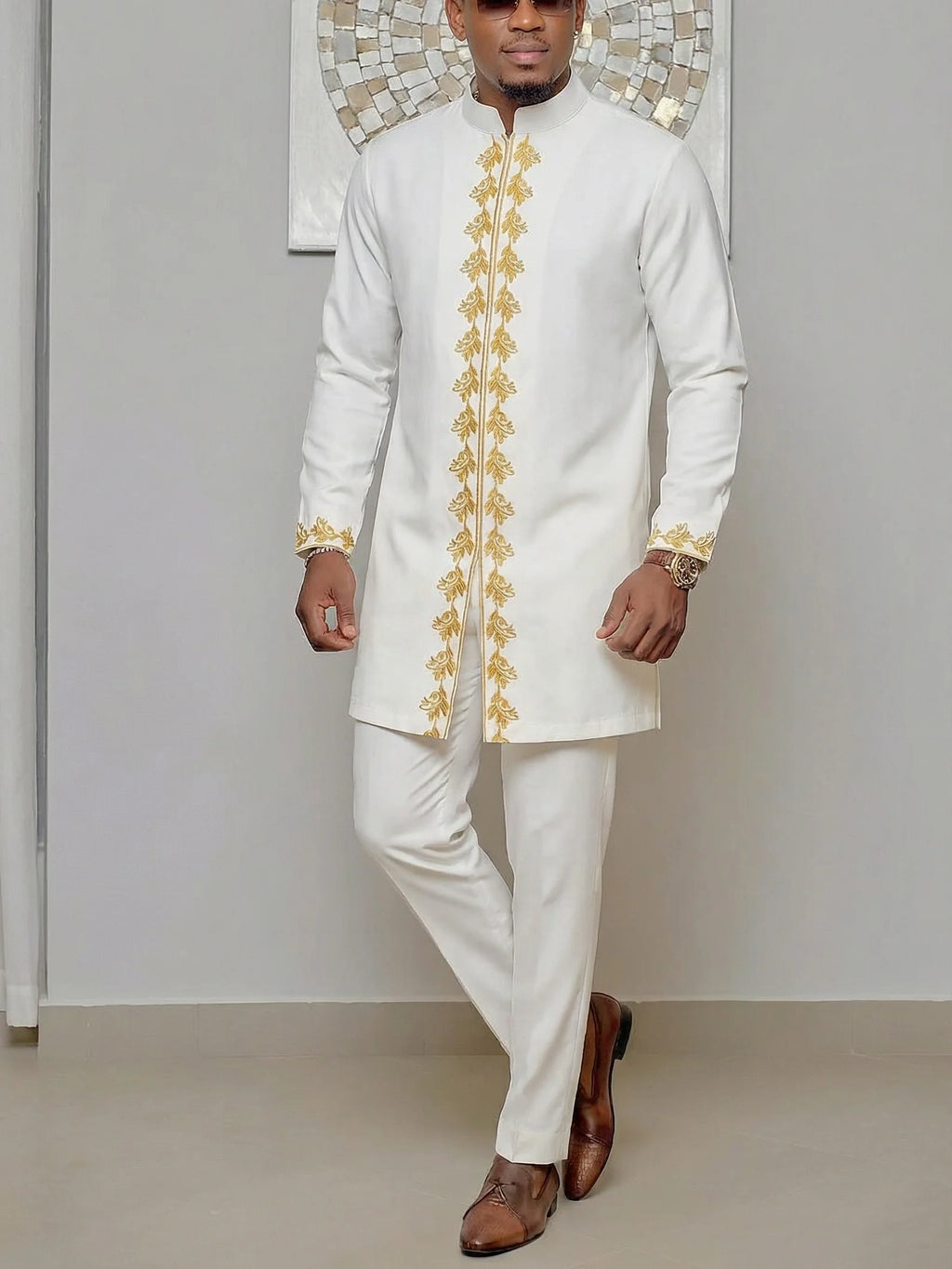 White Kaftan Men's Suit Embroidery Floral Top Pants Kaunda Suit African Casual Outfits Wear Traditional 2PCS Set Wedding Tuxedo