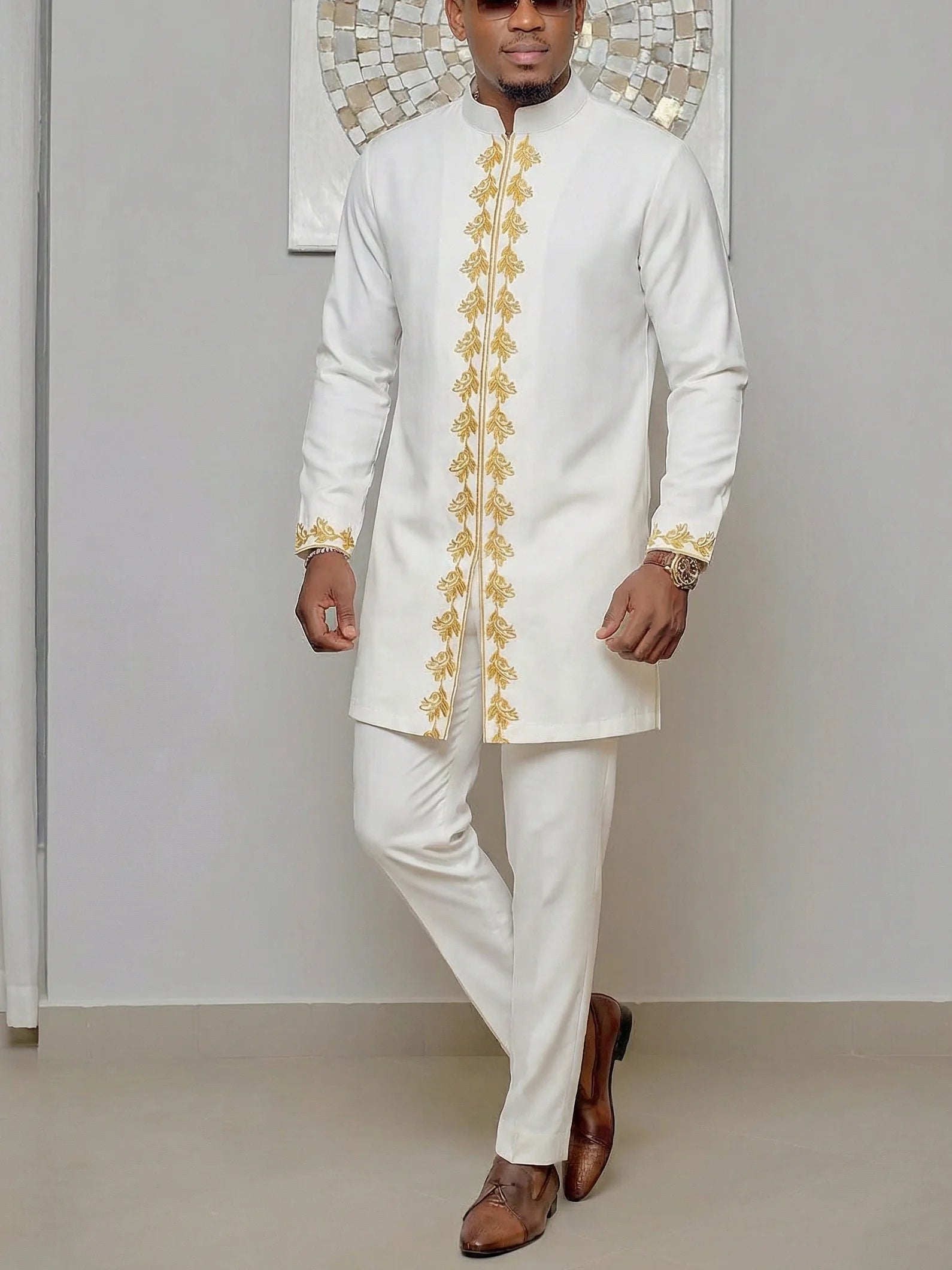 White Kaftan Men's Suit Embroidery Floral Top Pants Kaunda Suit African Casual Outfits Wear Traditional 2PCS Set Wedding Tuxedo