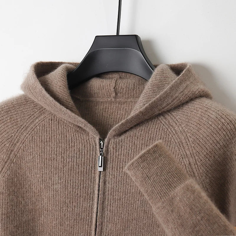 Autumn and Winter 100% Pure Cashmere Cardigan Men's Hoodie Zipper Thick Sweater Loose Plus Size Wool Knitted Sweater Coat