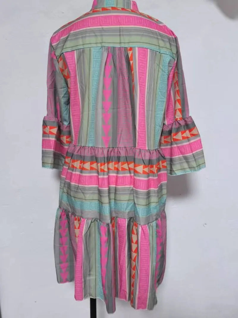 UNITIM Summer Women Dresses Flax Cotton Linen Dress V Neck Three Quarter Sleeve Pullover Dress Lady Vacation Robe Print Vestidos