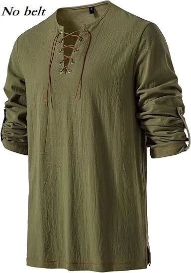 Men Medieval Lace Up Linen Long Sleeve Tunic Viking Pirate Renaissance Cosplay Shirt With Vintage Embossed Leather Belt