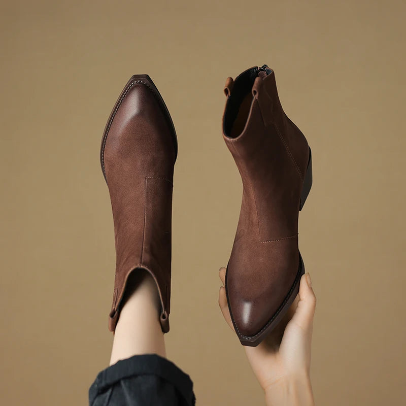 Fashion Short Boots Autumn Winter Basic Women Ankle Boots Genuine Leather Thick Heels Pointed Toe Mature New Arrival Boots Women