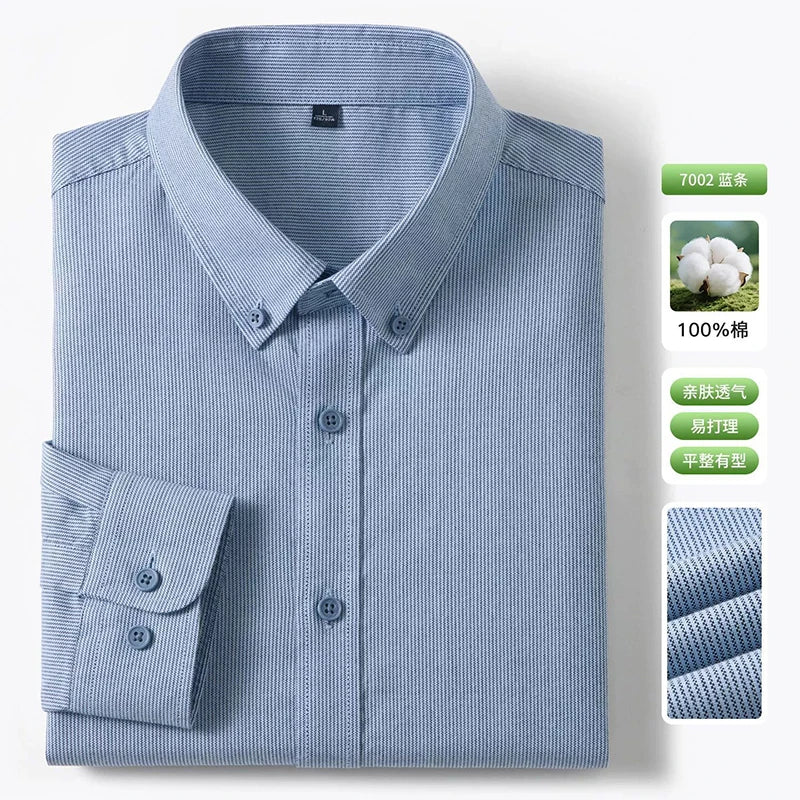 New 100% Pure Cotton Striped Shirt For Men's Long Sleeve Casual Regular Fit Soft Comfortable Business Social Shirts Men Clothing