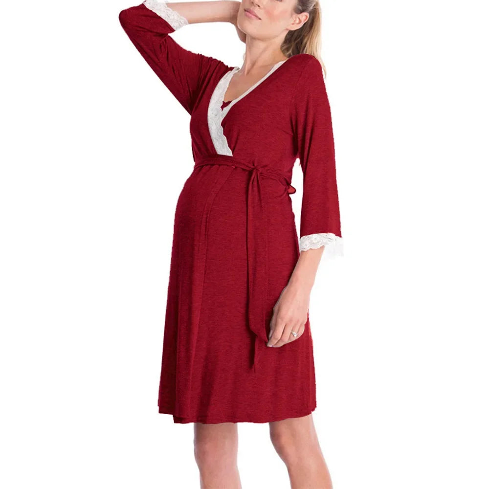 Fashion Lace Three-quarter Sleeve Maternity Nightdress Loose Bathrobe Pregnant Women Nightgown