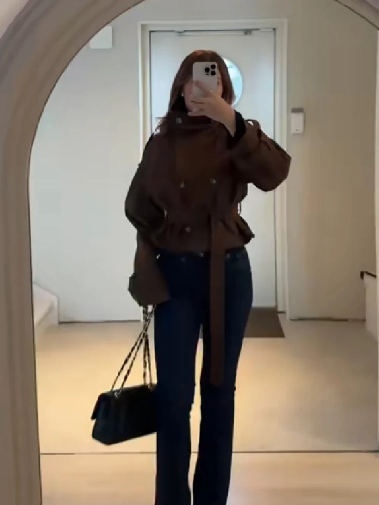 Women Vintage Cropped Coat Stand Collar Waist Slim Belt Double-breasted Jacket 2026 Autumn Winter Commute Office Party Outerwear