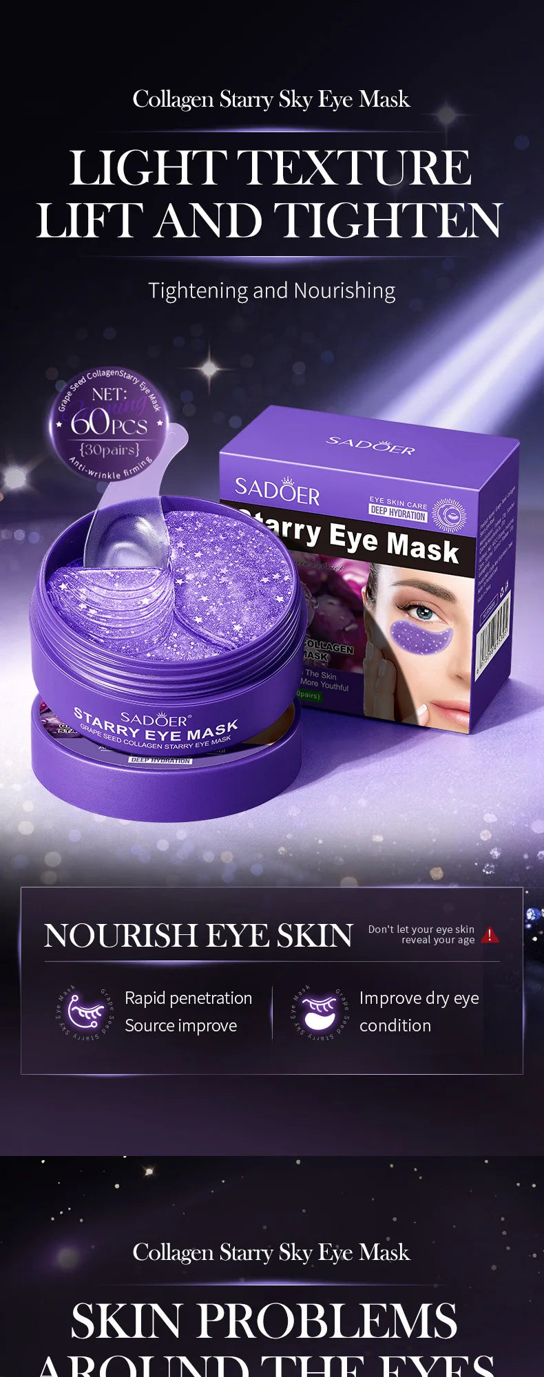 SADOER Starry Sky Eye Mask, 5 Types Optional Pearl/Hyaluronic Acid/Seaweed/24K Gold/Grape Seed, Anti Dark Circle Fine Lines Hydr