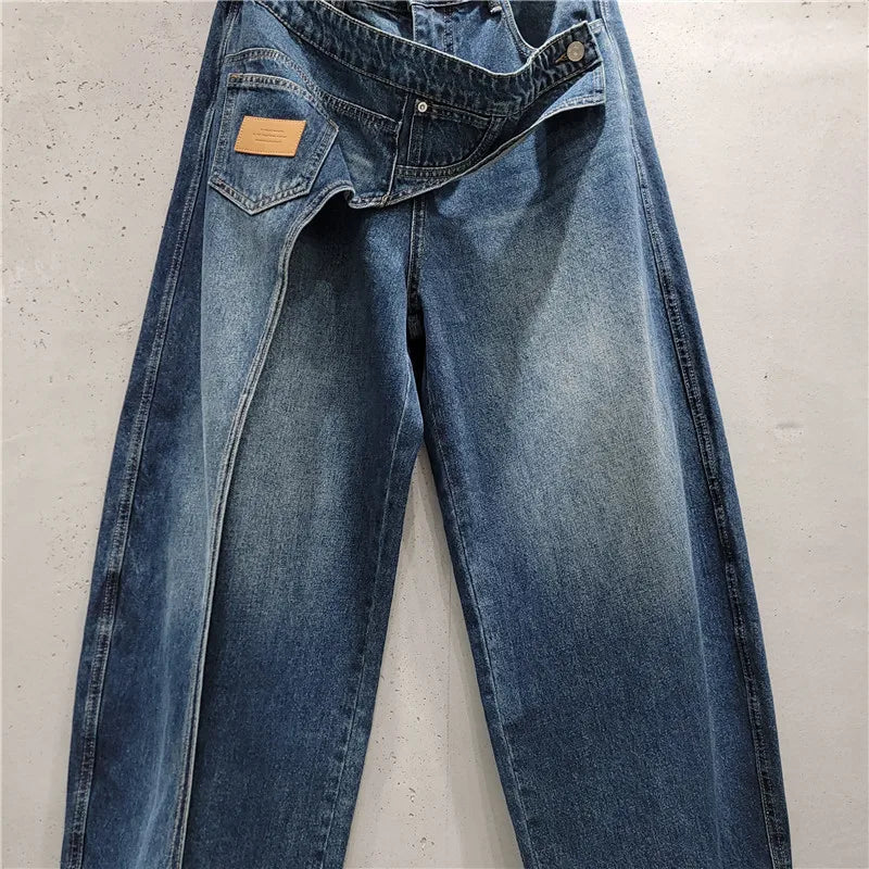 Women Irregular Crossover Waist Wide Leg Jeans Women's 2026 Autumn New Wide Legs Pants Vintage Washed Casual Denim Trousers
