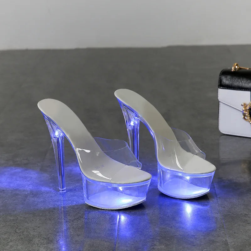 Sexy Crystal Heel Slippers Transparent High Heels Nightclub Performance Show Shoes PU Material Waterproof Platform Rubber Sole