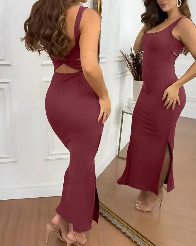 Women Dresses 2026 Spring Summer New Solid Color U-Neck Sleeveless Backless Twisted Back Slit Slim Fit Casual Knit Long Dress