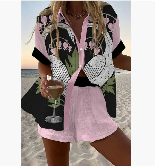 2025 New Summer Vacation Shorts Set 3D Printed Seaside Tropical Casual Lapel Shirt Blouse Top Shorts 2-Piece Suits Beach Holiday