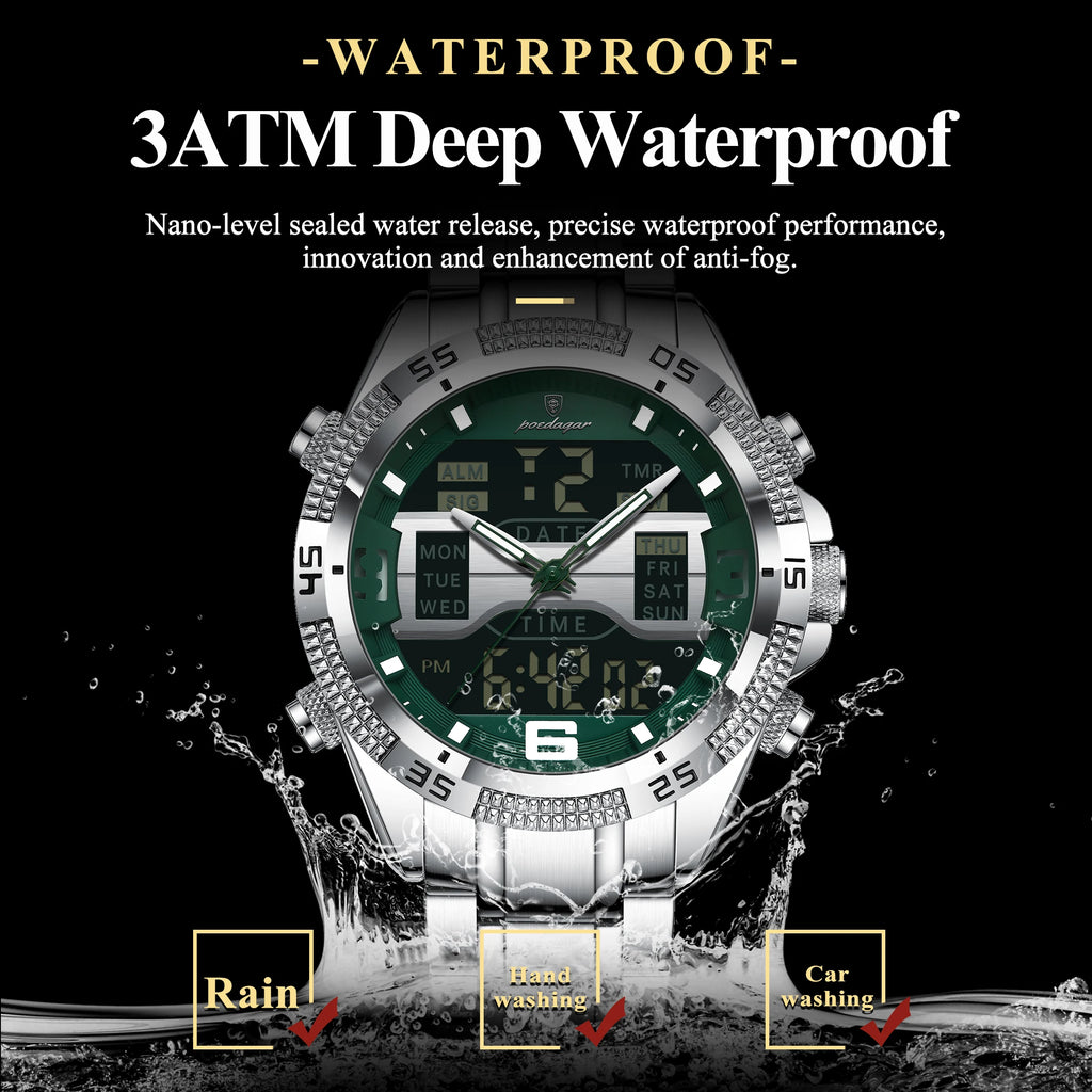 POEDAGAR LED Luxury Men Watch Sports Dual Time Display Digital Luminous Week Date Man Wristwatch Electronic Quartz Men's Watches