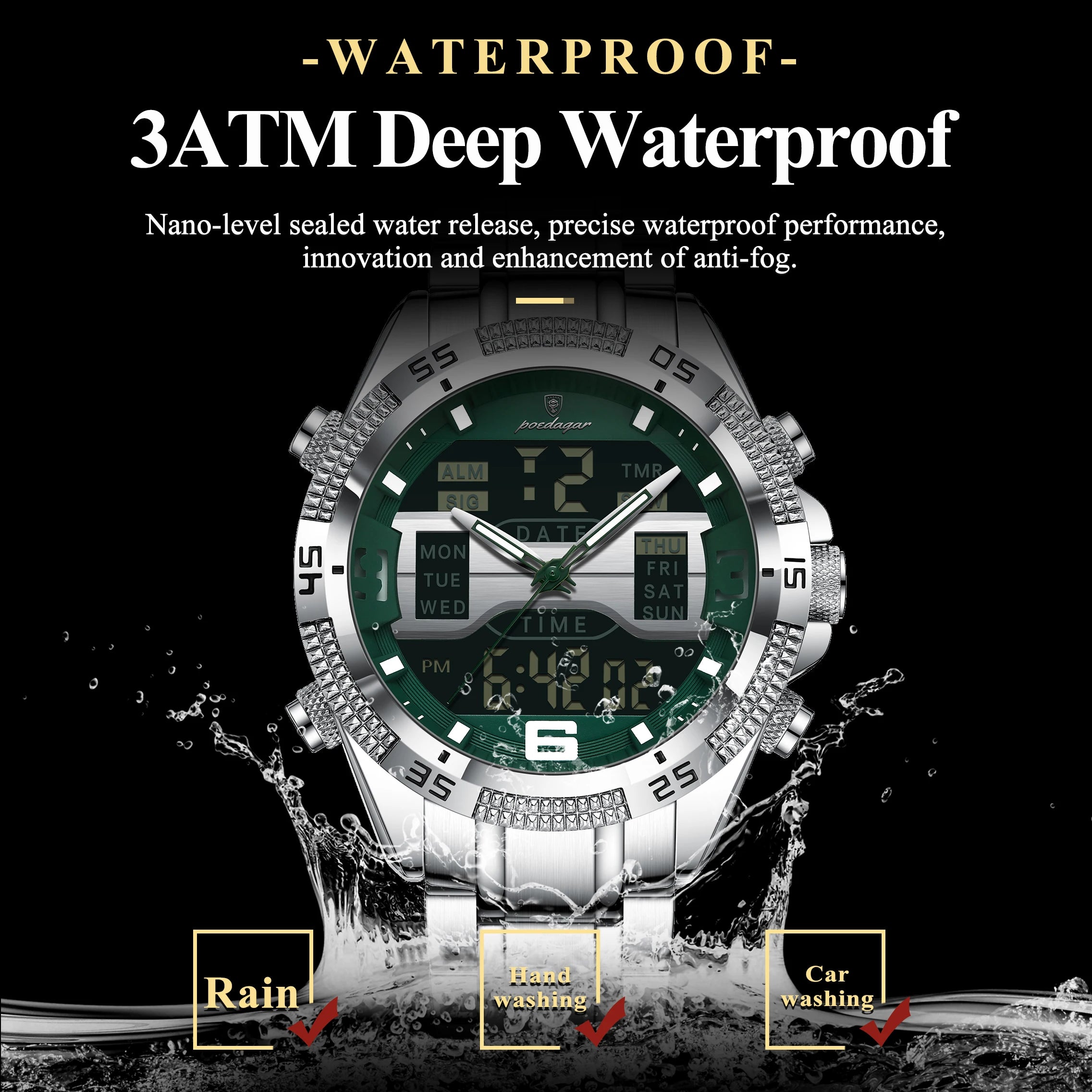 POEDAGAR LED Luxury Men Watch Sports Dual Time Display Digital Luminous Week Date Man Wristwatch Electronic Quartz Men's Watches