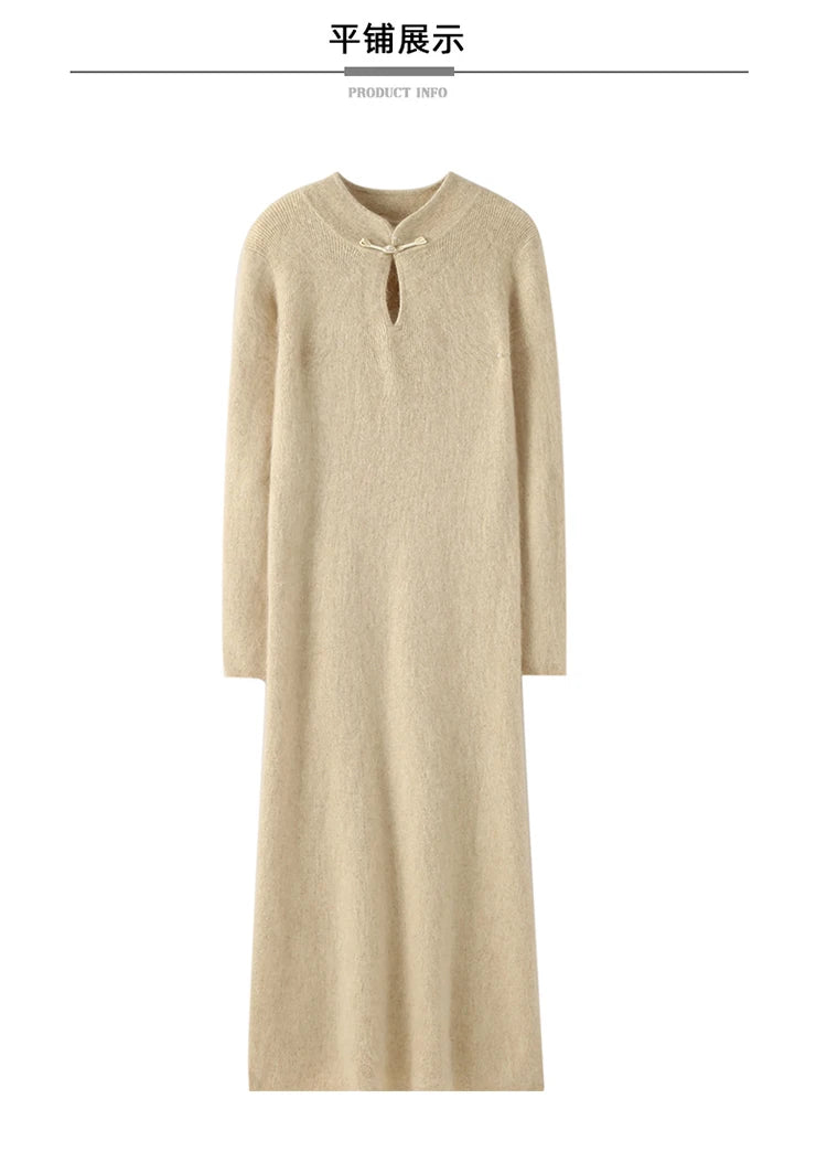 Women' 100%Pure Mink Cashmere Dress Stand-Up Collar Buckle Slim Knit Long Skirt Fashion High Waist Over The Knee Bottoming Dress