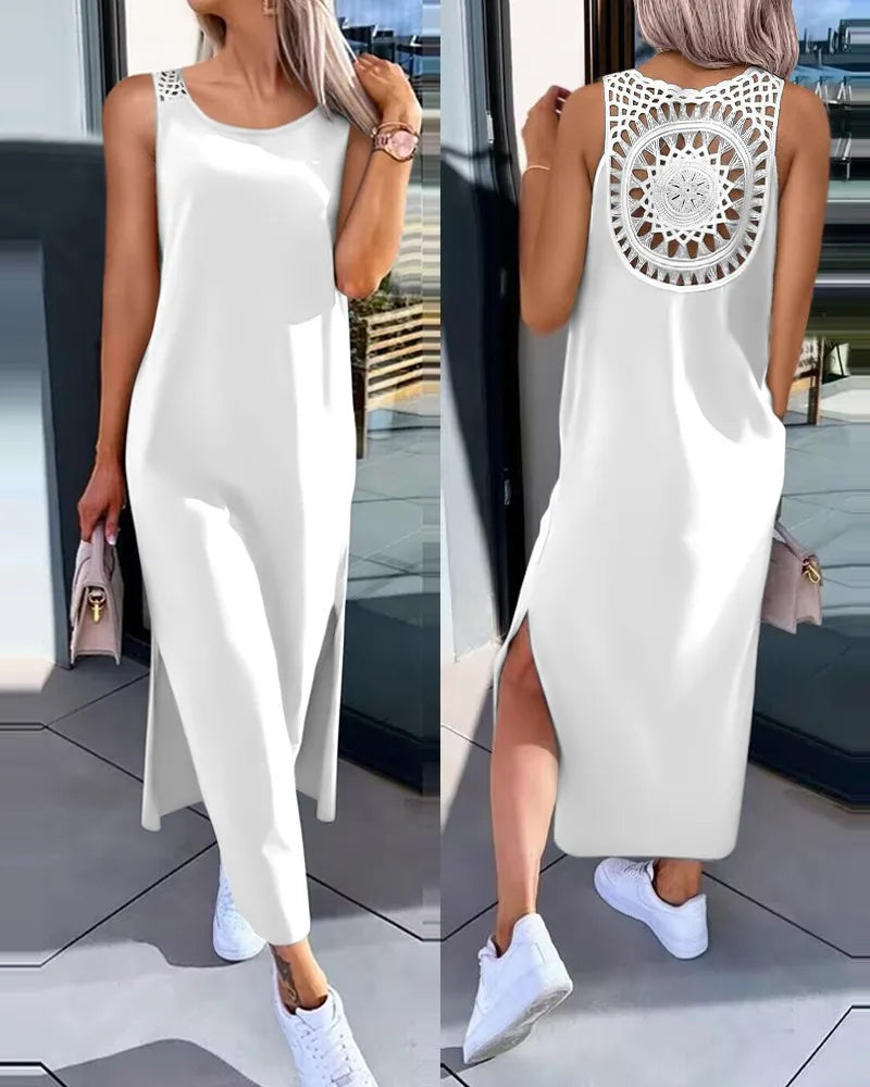 Summer Casual Temperament Fashionable Slim Fit Solid Color Round Neck A-line Skirt Lace Lace Lace Back Sleeveless Slit Dress