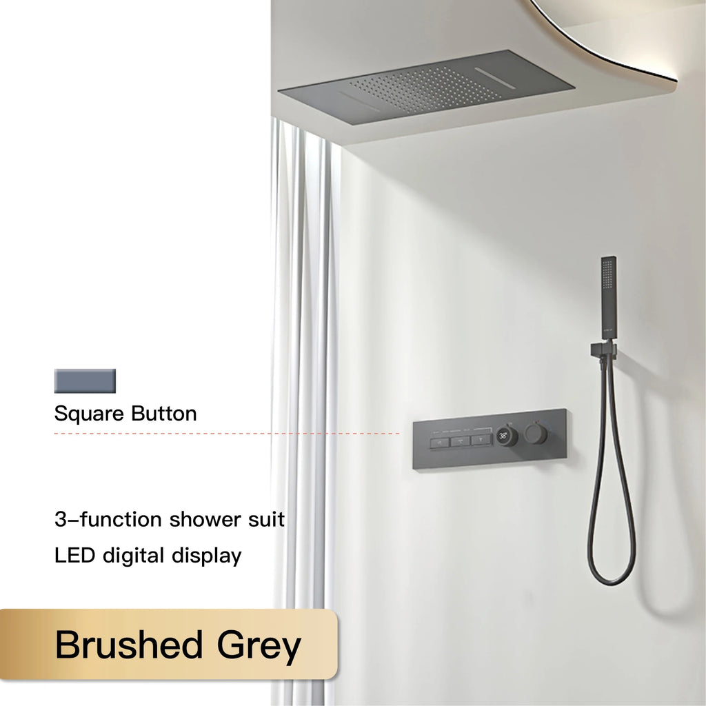 Luxury Black Brass Shower System, Wall Mounted Led Digital Display, Cold Hot Dual Control, Four Function Ceiling Shower Tap