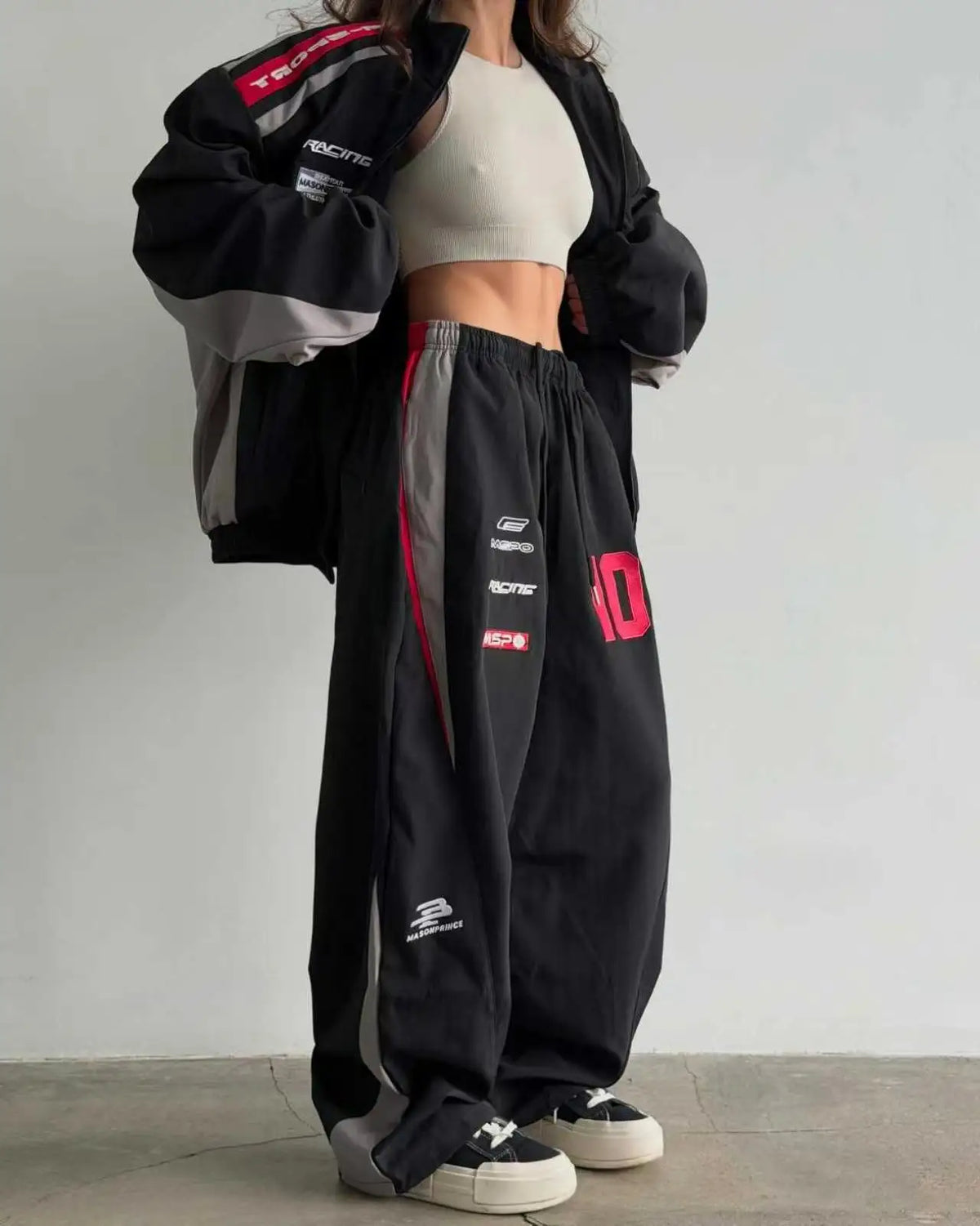 American White Racing Suit Set Women Red White Navy Blue Contrasting Embroidery Loose Jacket Wide Leg Sports Pants Two-piece Set