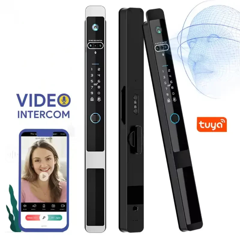 Camera video intercom Waterproof IP65 Automatic Slim Smart Aluminum door lock Face Tuya wifi 3592 euro mortise Digital UPVC lock